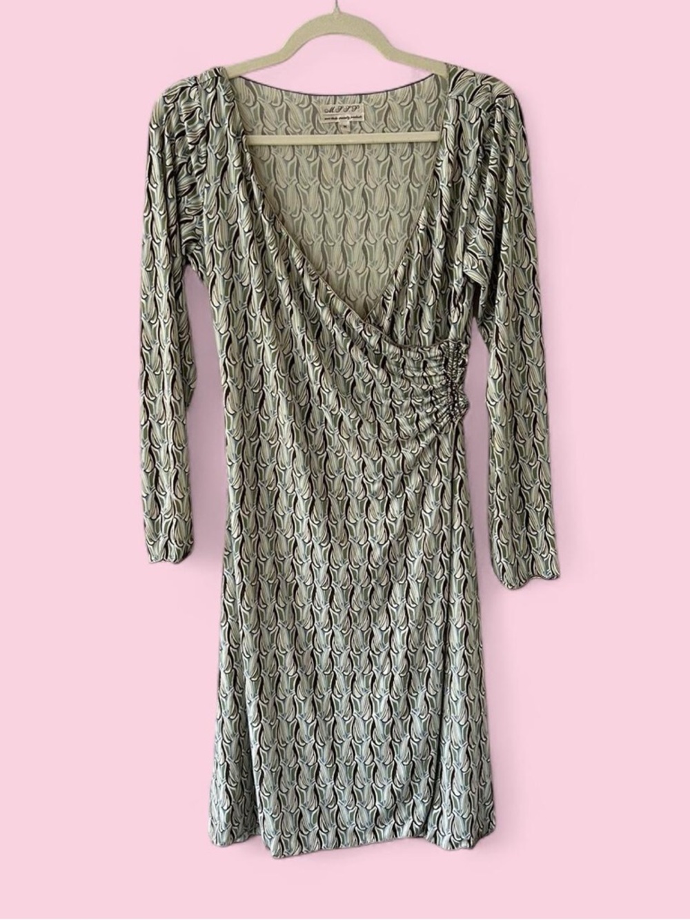 Max Studio Sage Green Long Sleeve Wrap-Style Dress